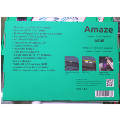 AMAZE A505 Laptop RGB Cooling Stand and Pad with Mobile Holder, 2 Big Fans, 5 Steps Retractable stand