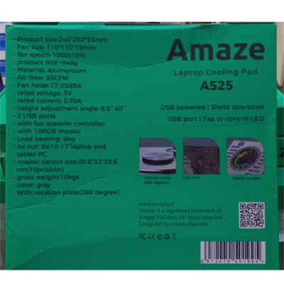 AMAZE Aluminum Laptop Cooling pad A525 - Cooling Fan with Speed Control, RGB Light, Supports laptop up to 17 inch, 360 rotation