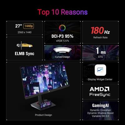 ASUS ROG Strix  27 inch� 1440P HDR400 USB-C Curved Gaming Monitor (XG27WCS) - QHD (2560 x 1440), 180Hz, 1ms, Fast VA, 125% sRGB, DCI-P3 95%, ELMB Sync, FreeSync, DisplayWidget, Tripod Socket