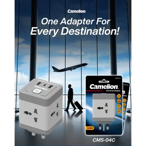 Camelion CMS-04C Universal Adapter | 4 AC Universal Outlets | 3250W Power Rating | Compact & Portable with Fireproof Protection | Essential for Home, Office & Travel