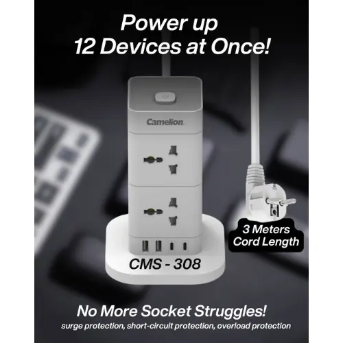 Camelion CMS-308 Universal Power Socket | 8 AC Outlets + 4 USB Ports (2x USB-C) | 2500W | 3-Meter Cord with Surge Protection | Ideal for Home & Office