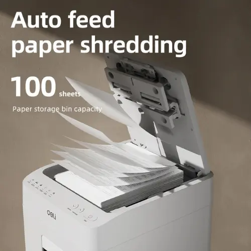 Deli ET081 Auto-Feed Micro Cut Paper Shredder, 100 Sheets, P-5 Security, 60 Mins Run time