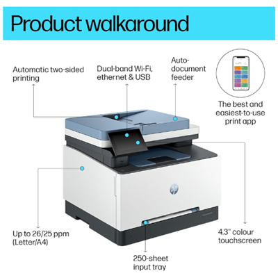 HP Color LaserJet Pro MFP 3303sdw - Print, Copy, Scan; Wireless, Two-sided printing, 250-sheet input tray; Print speed up to 25 ppm (black) and 25 ppm (color) 