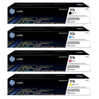 HP Original 117A Complete Color Toner Set. Black, Cyan, Yellow, Magenta - W2070A, W2071A, W2072A, W2073A