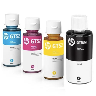 HP Original GT52, Cyan, yellow, Magenta 70ml Bottle and GT53XL Black 135ml Bottle