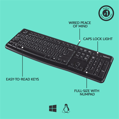 Logitech K120 Wired Keyboard with Spill-Resistant Design, Low-Profile Quiet Keys, Full-Size Layout, and Plug-and-Play USB Connection