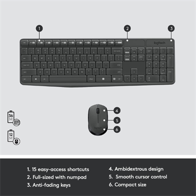 Logitech MK235 Wireless Keyboard and Mouse Combo with Full-Size Layout, Spill-Resistant Design, and a 3-Year Keyboard Battery Life