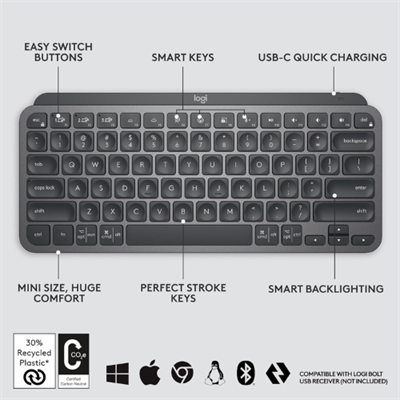 Logitech MX Keys Mini Minimalist Wireless Illuminated Keyboard, Compact, Bluetooth, USB-C, for Apple macOS, iOS, Windows, Linux, Android - Graphite 