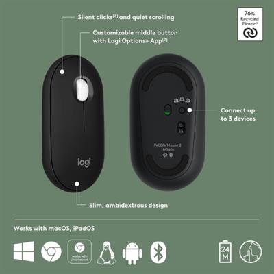 Logitech Pebble Mouse 2 M350s Wireless Bluetooth Mouse with Silent Clicks, Multi-Device Pairing, and Customizable Button