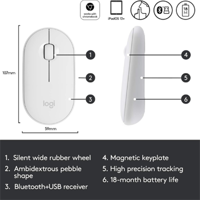 Logitech Pebble M350 Silent Wireless Mouse with Dual Bluetooth & USB Receiver Connectivity, 1000 DPI Sensor, and 18-Month Battery Life