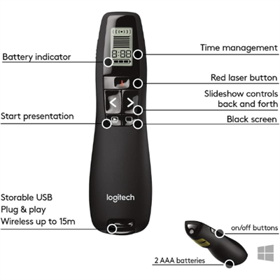 Logitech Professional Presenter R800 with Brilliant Green Laser Pointer, LCD Display Timer, 30m Wireless Range, and Vibrating Alerts