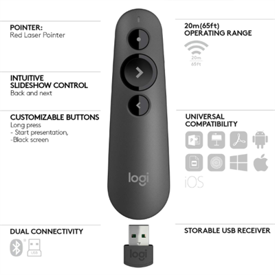 Logitech R500 Wireless Presenter with Dual Bluetooth & USB Connectivity, Red Laser Pointer, 20m Wireless Range, and Customizable Controls