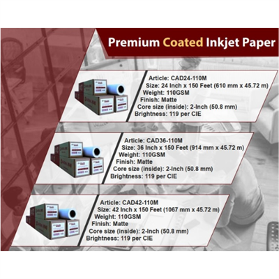 Marshal Premium Coated Inkjet Paper - CAD24-110M - 24 inch, 36 inch, 42 inch Paper roll