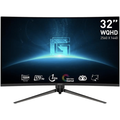 MSI G32CQ5P, 32" Gaming Monitor, 2560 x 1440 (QHD) Curved Gaming Monitor, 1 ms, 170Hz, FreeSync Premium, 1500R, HDMI, DisplayPort, Tilt, Swivel, Pivot and Height Adjustable.