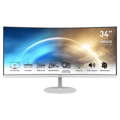 MSI Pro MP341CQ, 34" Monitor, 3440 x 1440(UWQHD) VA, 100Hz, TUV Certified Eyesight Protection, 4ms, Displayport, HDMI, Tilt,