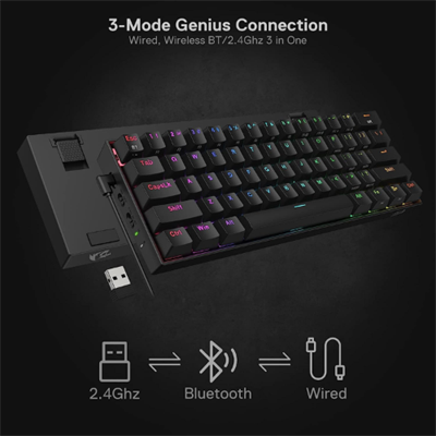 Redragon K530 Pro Draconic 60% Wireless RGB Mechanical Keyboard, BT/2.4Ghz/Wired 3-Mode 61 Keys Compact Gaming Keyboard w/Hot-Swap Socket, Free-Mod Plate Mounted PCB & Tactile Brown Switch