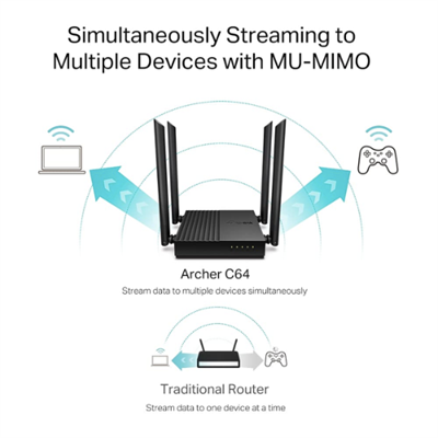 TP-Link Archer C64 AC1200 Dual-Band Gigabit Wi-Fi Router, Wireless Speed up to 1200 Mbps, 4×LAN Ports, 1.2 GHz CPU, Advanced Security with WPA3, MU-MIMO, Beamforming