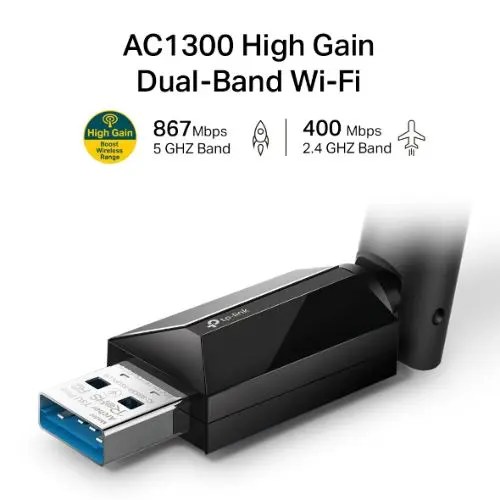 TP-Link Archer T3U Plus – AC1300 High-Gain Dual-Band USB Wireless Adapter (867 Mbps @ 5 GHz + 400 Mbps @ 2.4 GHz)