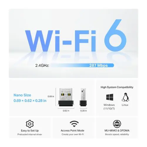 TP-Link Archer TX1U Nano – AX300 Wi-Fi 6 Nano USB Adapter (Up to 287 Mbps, Dual-Band)