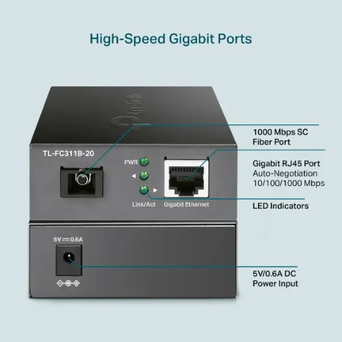 TP-Link TL-FC311B-20 | Gigabit WDM SFP to RJ45 Fiber Media Converter | Fiber to Ethernet Converter | 10/100/1000Mbps RJ45 Port to 1000Base-LX Single-Mode Fiber | Extend Fiber Distance Up to 20 km