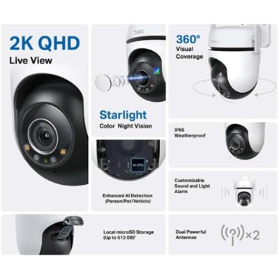 TP-Link Tapo 2K QHD C520WS Outdoor Pan/Tilt Security Wi-Fi Camera with 4MP Starlight Sensor Color Night Vision, IP66 Weatherproof, and Smart AI Detection