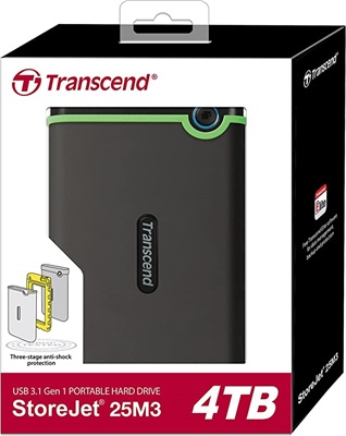 4TB Transcend Portable External Hard Drive with Shock Proof, Water resistant, Auto Backup, Password Protection