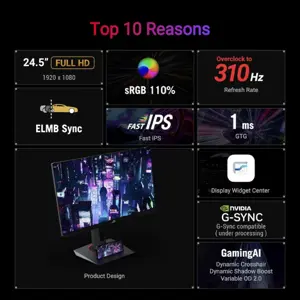 ASUS ROG Strix XG259CMS 24.5" Full HD (1080p) Fast IPS Gaming Monitor with 310Hz Refresh Rate, 1ms GtG, G-Sync Compatible, and VESA DisplayHDR 400