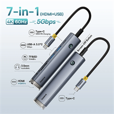 Baseus UltraJoy 7 in 1 USB C Hub, 4K HDMI, 3.5mm Audio Jack, TF and SSD Card, 5Gbps USB 3.0, 100w PD Port, Screen off Button