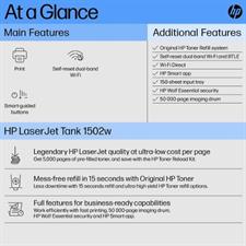 HP LaserJet Tank 1502w Printer, wireless, Print, White. Pre-filled with toner to print up to 5000 pages - 2R3E2A