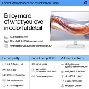 HP Series 5 532sf 31.5" FHD Monitor with 100Hz Refresh Rate, 7ms GtG, VA Panel, and HP Eye Ease Technology (Black)