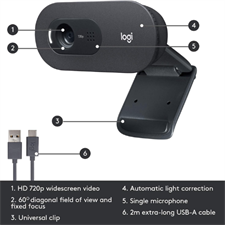 Logitech C505 HD Webcam with 720p/30fps, Long-Range Microphone, Auto Light Correction, and 2m Extra-Long USB Cable