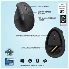  Logitech Lift Vertical Ergonomic Wireless Mouse for Small to Medium Hands