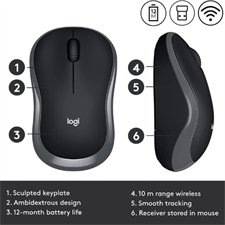 Logitech M185 Wireless Mouse with 2.4 GHz Nano Receiver, 12-Month Battery Life, 1000 DPI Optical Tracking, and Ambidextrous Design