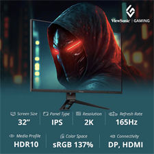ViewSonic Omni 32 Inch 165Hz IPS Qhd 2K 2560X1440 Pixels Gaming Led Monitor,0.4Ms,Hdr10,AMD Freesync Premium,137% Srgb,Eye Care,Wall Mount,Tilt,2XHdmi,1XDisplay Port,- Vx3219-2K-Pro-2