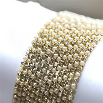 1 yard Rhinestone Lace Pearl Chain Gold Silver Base DIY Sew On Decoration Crafts