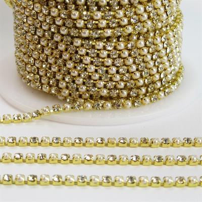 1 yard Rhinestone Lace Pearl Chain Gold Silver Base DIY Sew On Decoration Crafts