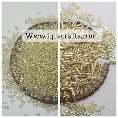 Pack of 2 Tola (1 tola each) glass pony beads & 6mm Pipe glass beads In light gold