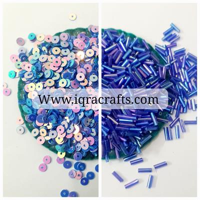 Pack Of 2 Tola (1 Tola Each) Glass Beads Pipe & Disc Sequins 4mm DIY Crafts Blue