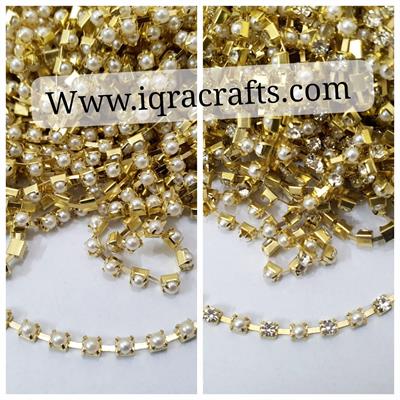 1 yard Rhinestone Lace Pearl Chain Gold Silver Base DIY Sew On Decoration Crafts 3mm