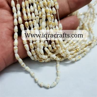 Buy1 Get 1 Free White Golden Drop Shape Pearls Acrylic Beads With Hole (100 Pcs per String) 6mm