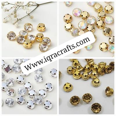 12 Pcs Round Glass Sew On with Golden Base Crystal Clipstones ( 1cm )