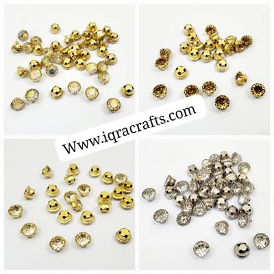 12 Pcs Round Glass Sew On with Golden Base Crystal Clipstones ( 1cm )