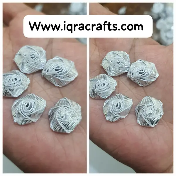 15 Pcs Embroidery Craft Material Gota Patti Golden Flowers (15 mm) Silver Rose