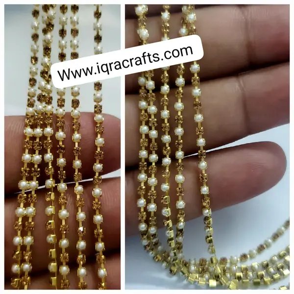 1 yard 2mm Pearl Chain Gold Base DIY Sew On Crafts Garments Wedding Dress Decoration Crafts