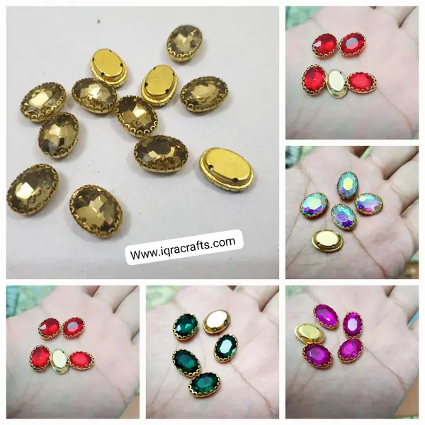 5 Pcs Medium Size, Colorful Oval Glass Sew On Rhienstones with Golden Base Crystals 15mm