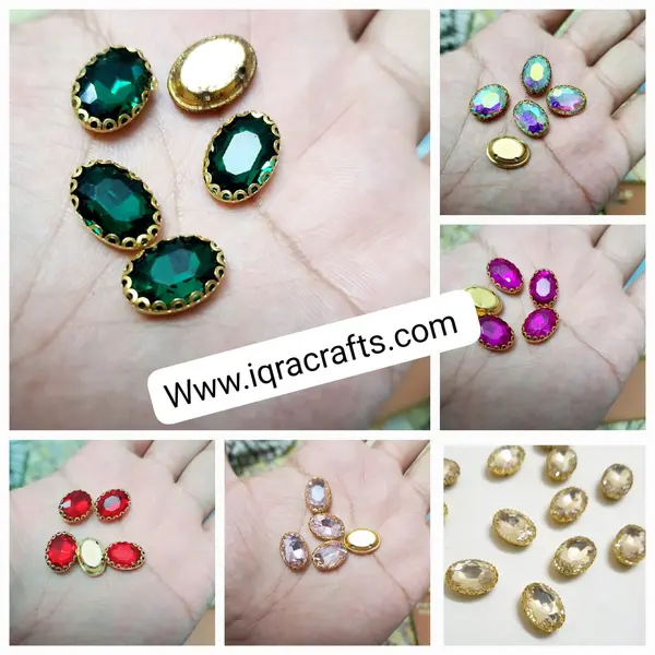 5 Pcs Medium Size, Colorful Oval Glass Sew On Rhienstones with Golden Base Crystals 15mm