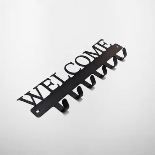 BLACK METAL KEY HOLDER WITH "WELCOME" CUTOUT – 6 HOOKS