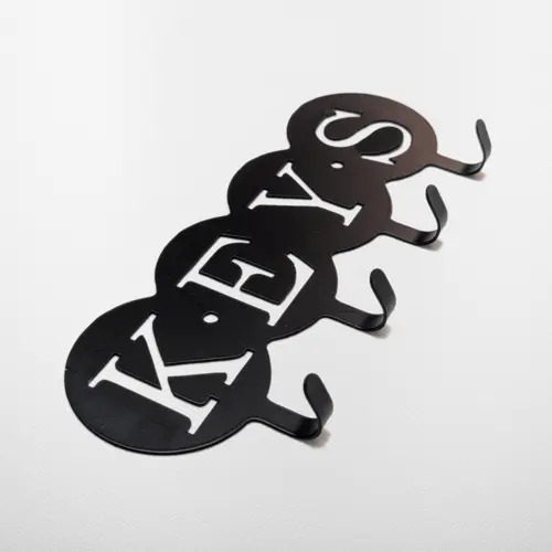 BLACK METAL ROUND "KEYS" CUTOUT KEY HOLDER – 4 HOOKS