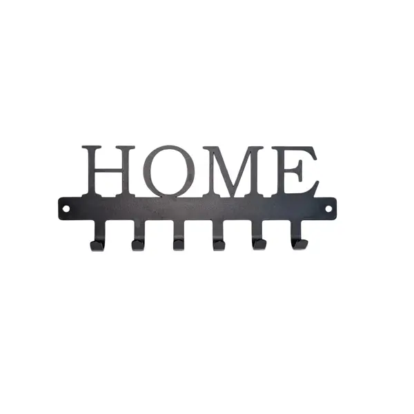 BLACK METAL KEY HOLDER WITH "HOME" CUTOUT - 6 HOOKS