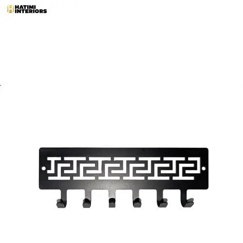 BLACK METAL KEY HOLDER WITH GREEK PATTERN CUTOUT - 6 HOOKS
